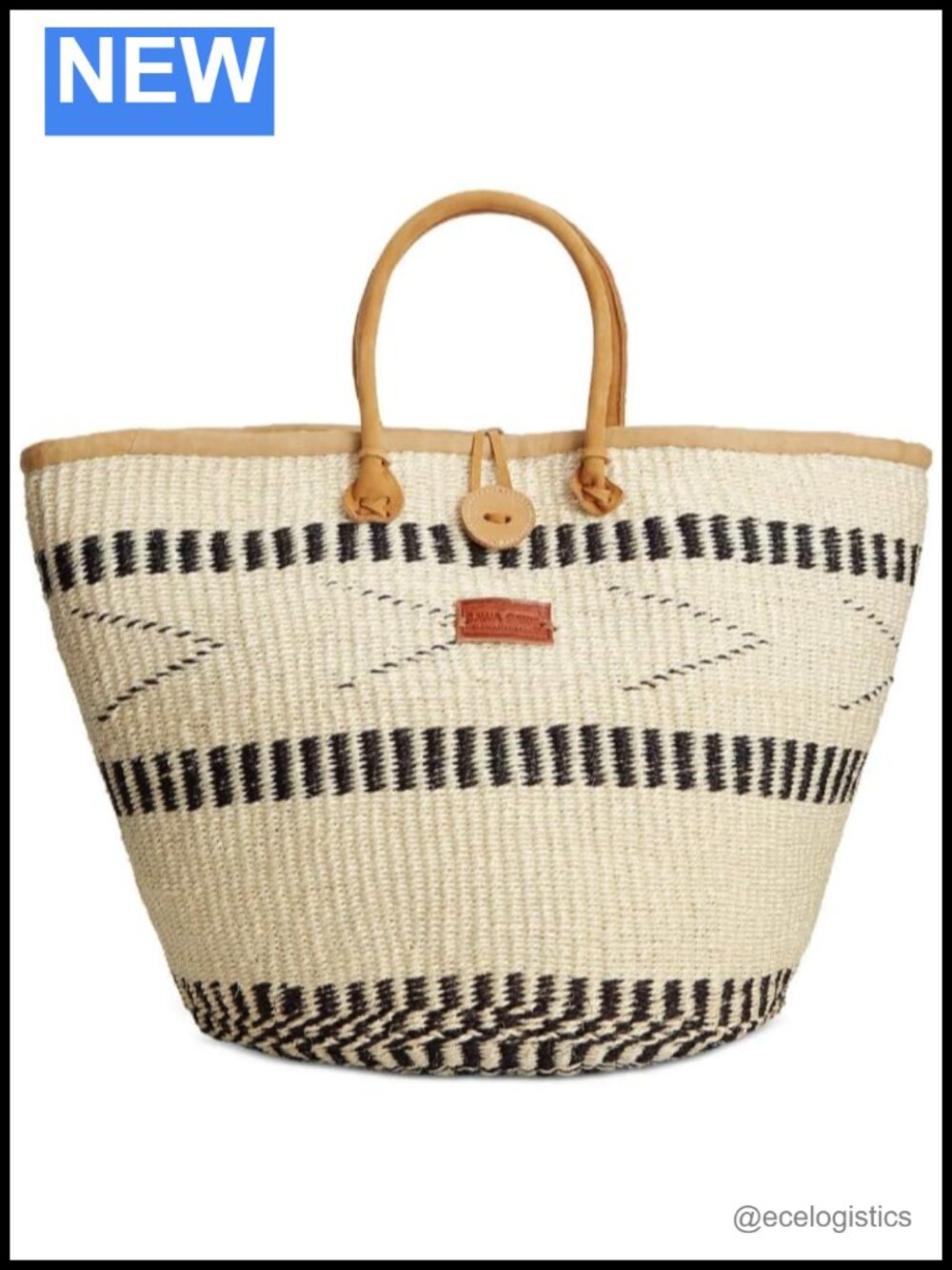 Handwoven Sisal Straw Tote Bag with Leather Handles, Large Market Shopping